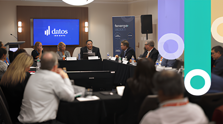 Group of people seated around a conference table engaged in a meeting or discussion in a conference room with a screen showing the datos logo in the background.