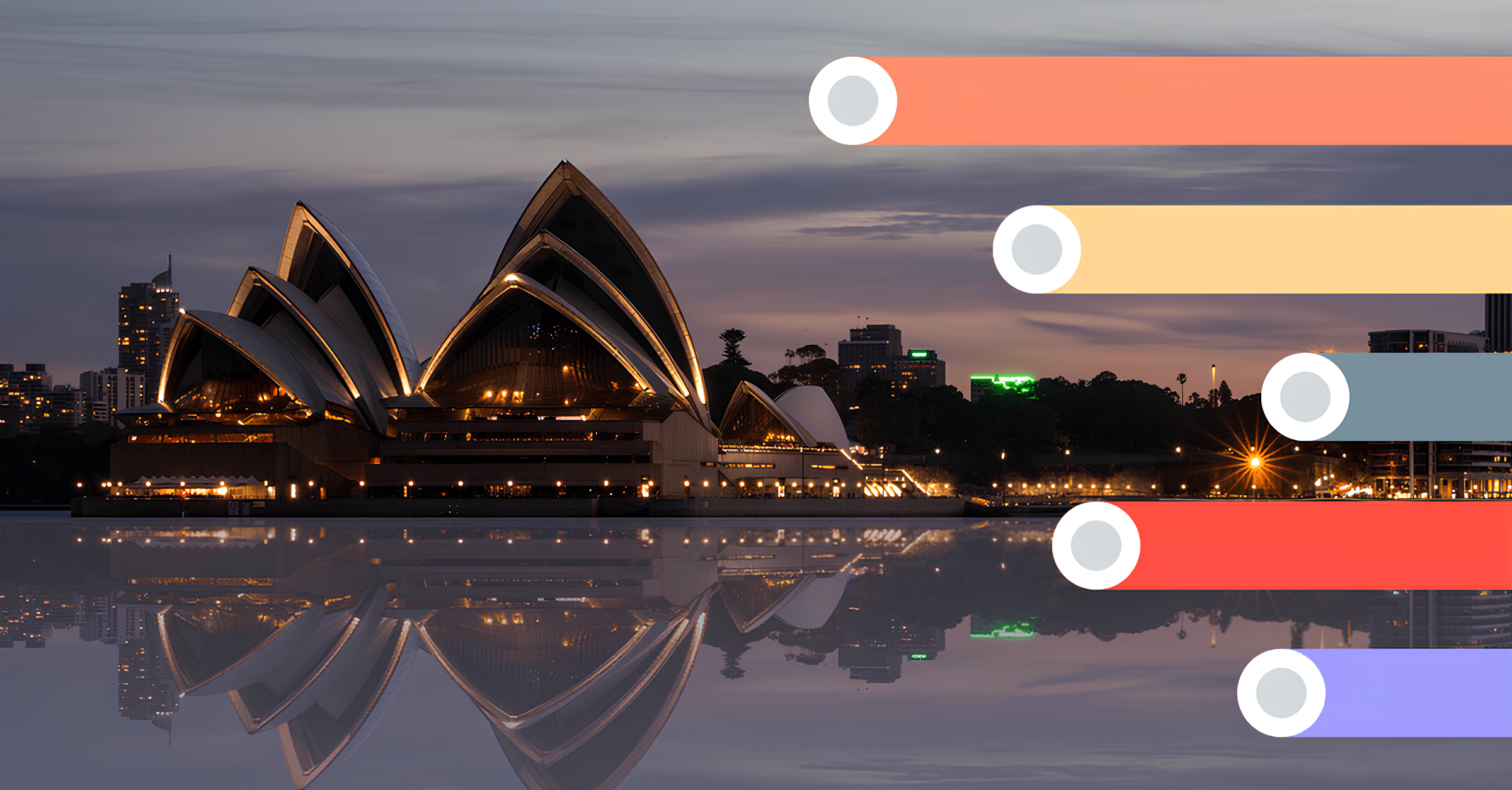 Night view of the Sydney Opera House with its sails illuminated, reflected on calm water, against a backdrop of city buildings and a darkening sky with horizontal color bars and circular elements on the right side.