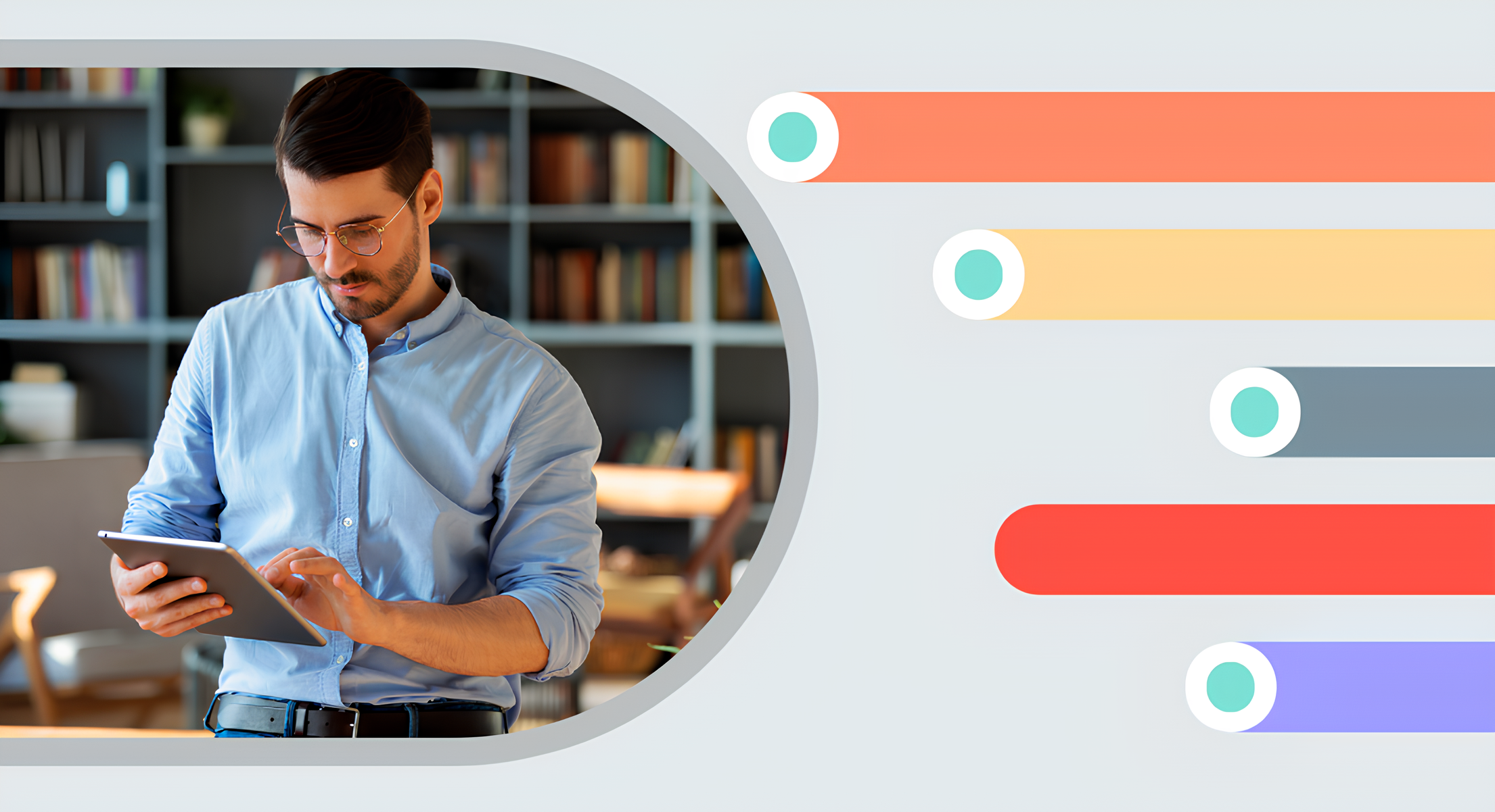 Man wearing glasses and a light blue shirt using a tablet in a room with bookshelves, next to a graphic with multicolored horizontal bars and circular markers.