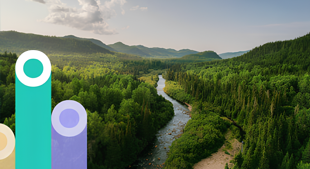 Aerial view of a winding river through a dense green forest with hills in the background under a partly cloudy sky, with colorful bar chart graphics on the left side.