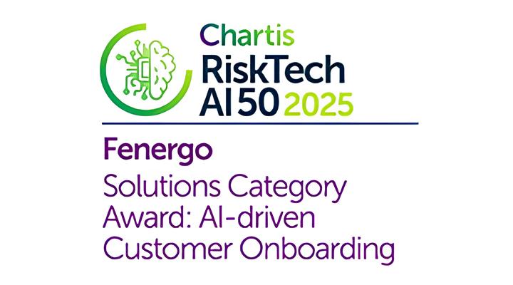 Chartis RiskTech AI 50 2025 logo with text awarding Fenergo Solutions Category Award for AI-driven Customer Onboarding.