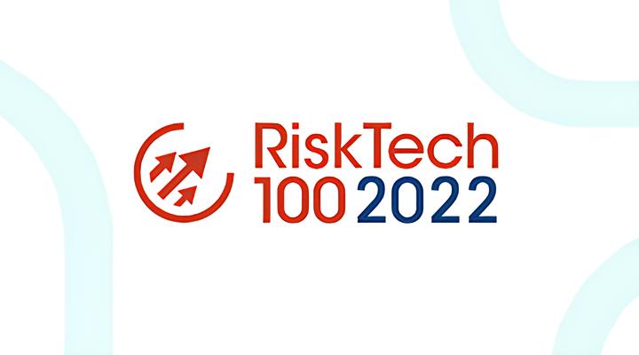 RiskTech 100 2022 logo with three upward arrows enclosed in a broken circle on the left and the text 'RiskTech 100 2022' to the right, with 'RiskTech' and '100' in red and '2022' in blue, on a white background with faint light blue curved lines.