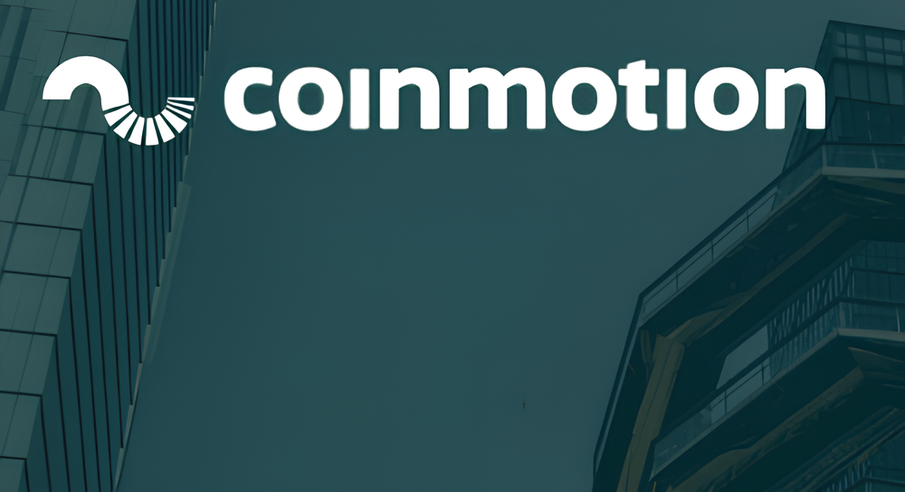 Coinmotion logo with a modern architectural background featuring glass buildings.