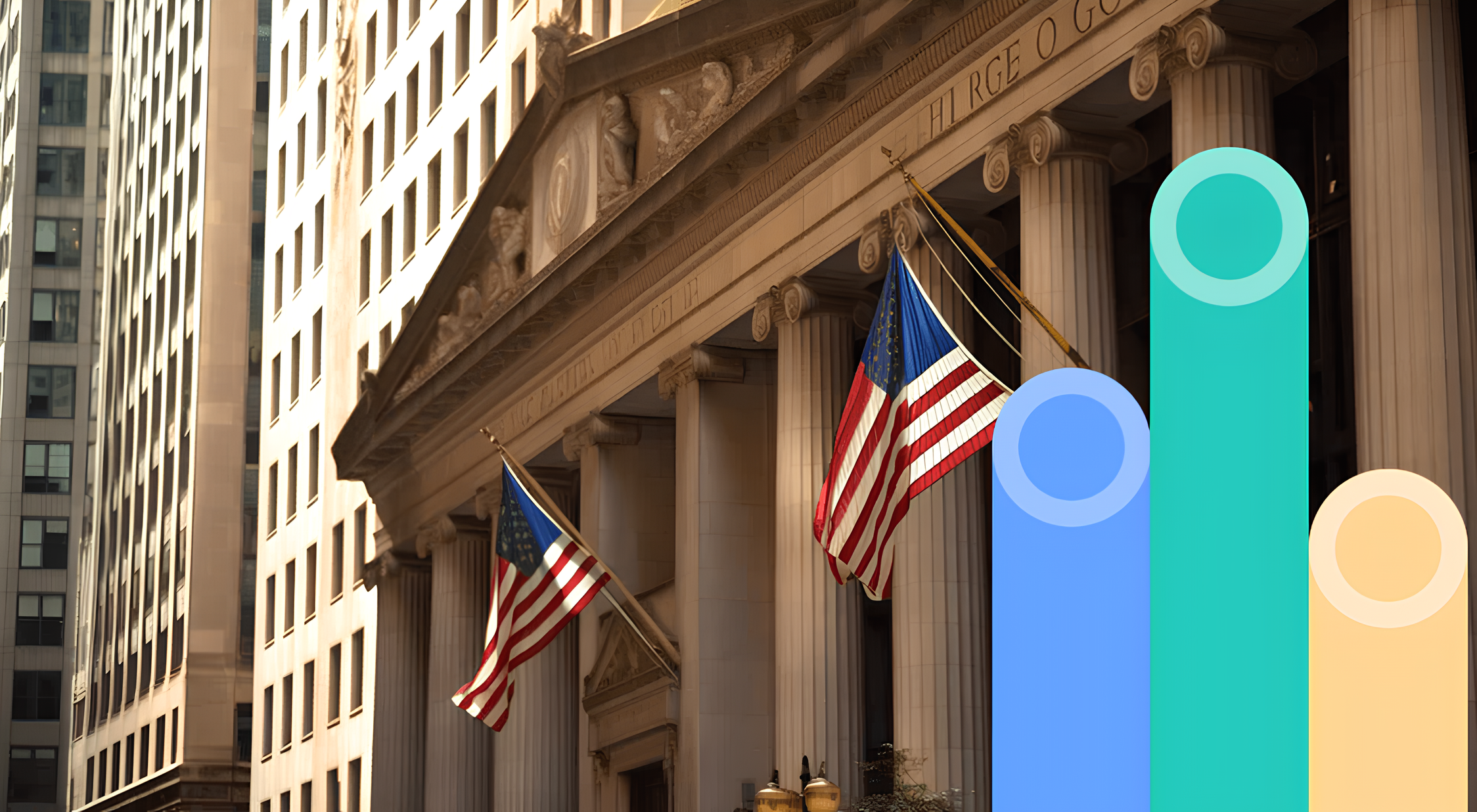 Exterior of a classical building with tall columns and two American flags hanging, surrounded by modern skyscrapers.