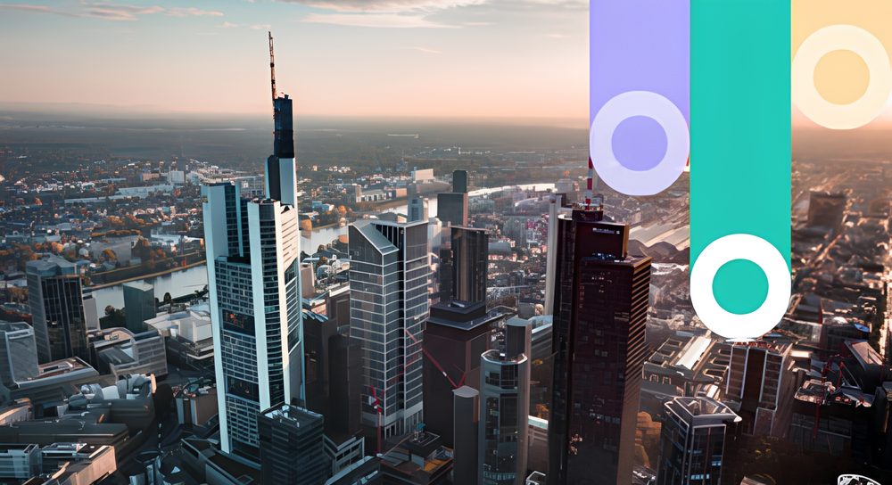 Aerial view of a modern city skyline at sunset with tall skyscrapers, waterways, and a distant landscape under a partly cloudy sky; three large colorful translucent vertical bars with circular cutouts overlay the right side of the image.