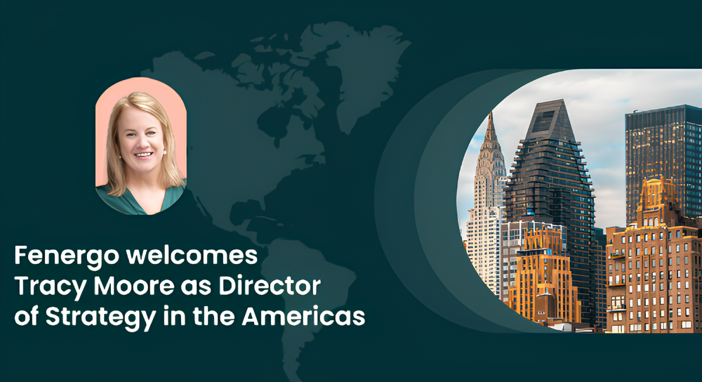 Fenergo announcement with a smiling professional woman on the left and a cityscape of New York buildings, including the Chrysler Building, on the right, welcoming Tracy Moore as Director of Strategy in the Americas.