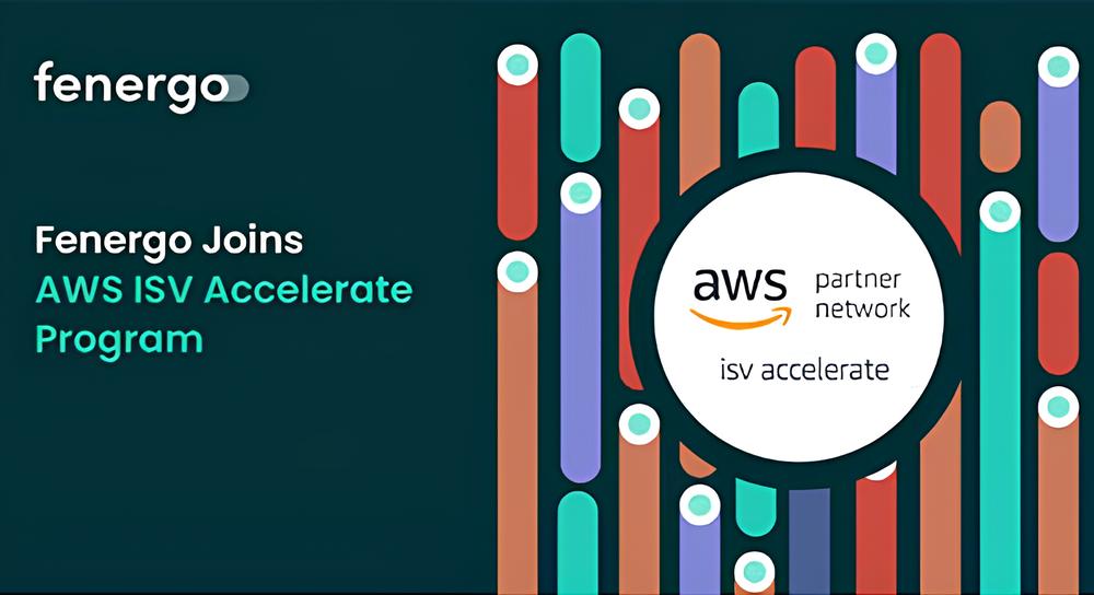 Fenergo logo with the text 'Fenergo Joins AWS ISV Accelerate Program' on the left, and the AWS partner network ISV accelerate circular logo surrounded by colorful vertical rounded bars on the right.