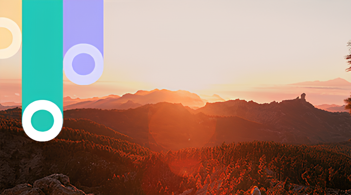 Sunset over a mountainous landscape with forested hills and rocky peaks, featuring warm orange and red hues with lens flare effects, and three vertical, translucent bars with circular cutouts in pastel yellow, green, and purple overlaid in the upper left corner.
