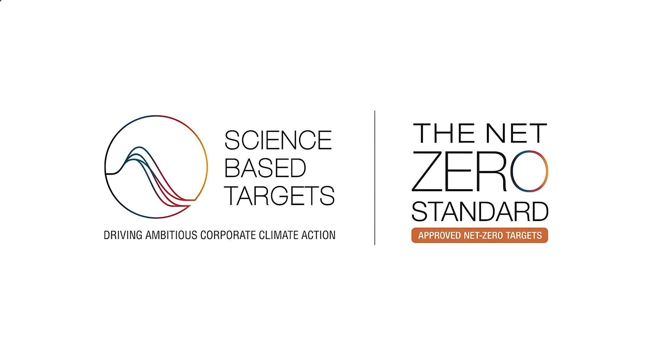 Logos of Science Based Targets with a circular graphic and tagline 'Driving Ambitious Corporate Climate Action,' and The Net Zero Standard with the phrase 'Approved Net-Zero Targets.'