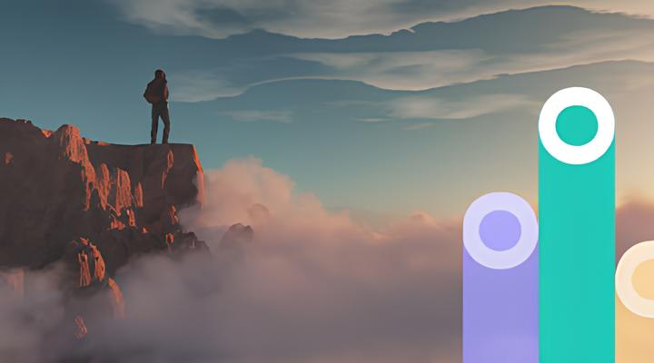 Person standing on a rocky cliff above clouds at sunset with soft pastel sky, accompanied by stylized abstract bar shapes on the right.