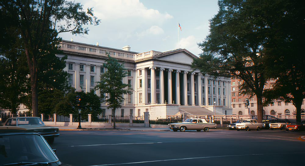 Large neoclassical government building with tall columns and a flag on top, surrounded by trees and vintage cars on a sunny day.