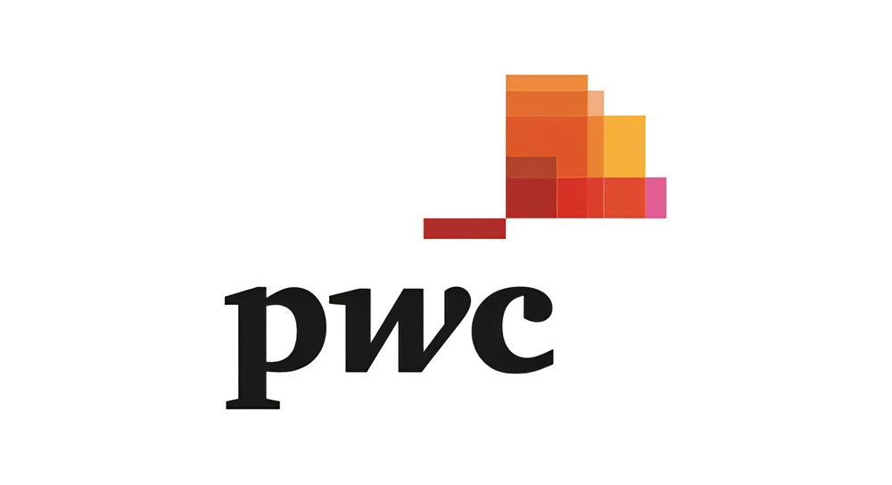 PwC logo with stylized orange, red, and pink geometric shapes above the lowercase black letters 'pwc'.