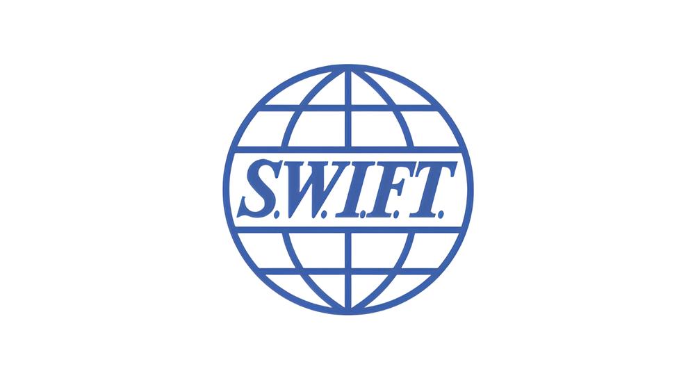 SWIFT logo with blue text inside a blue globe outline.