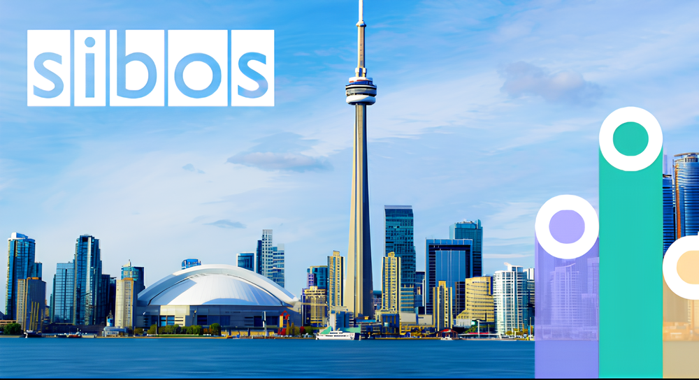 Skyline of Toronto with CN Tower and Rogers Centre stadium, blue sky and water in the foreground, with the word 'sibos' in white block letters on the upper left and colorful rising bar chart graphics on the right.