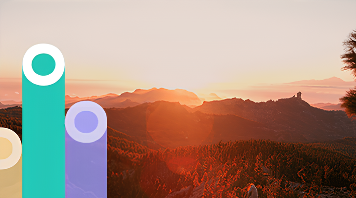 Sunset over a mountainous landscape with trees in the foreground and stylized colorful bar chart elements on the left side of the image.