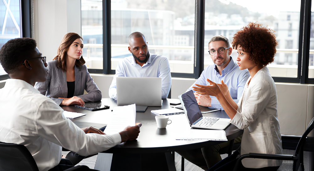 Five professionals having a discussion around a round table in a modern office with large windows, laptops, notebooks, and papers visible.