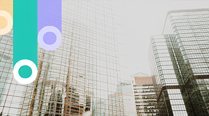 Cityscape with tall modern glass buildings reflecting light, overlaid with vertical colored bars with circular cutouts on the left side.