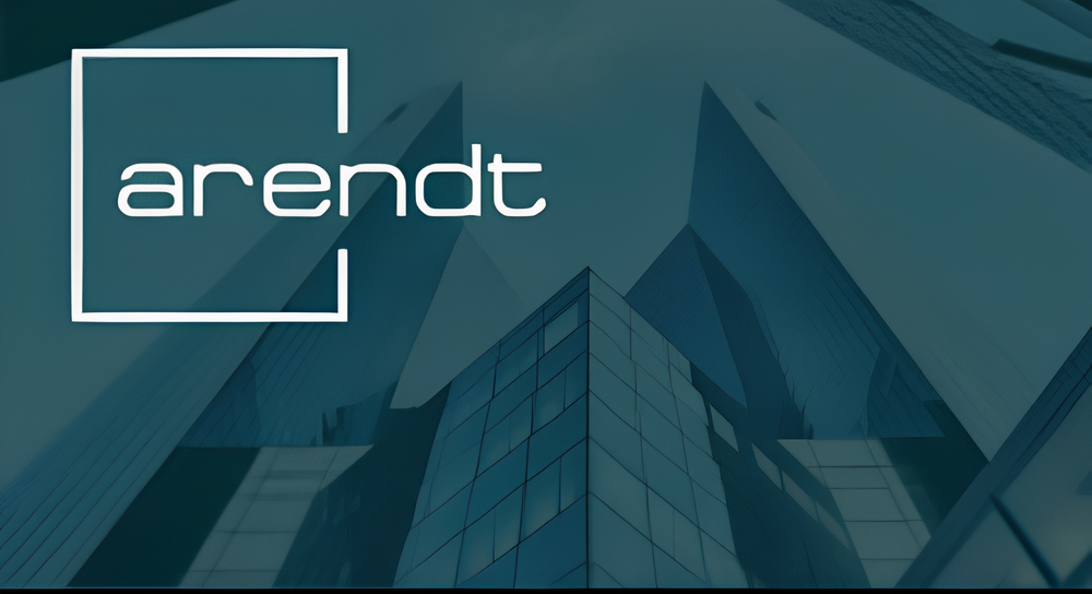 Logo of the word 'arendt' in white lowercase letters enclosed partially by an outlined square on the left, overlaid on a background of modern glass skyscrapers viewed from below.