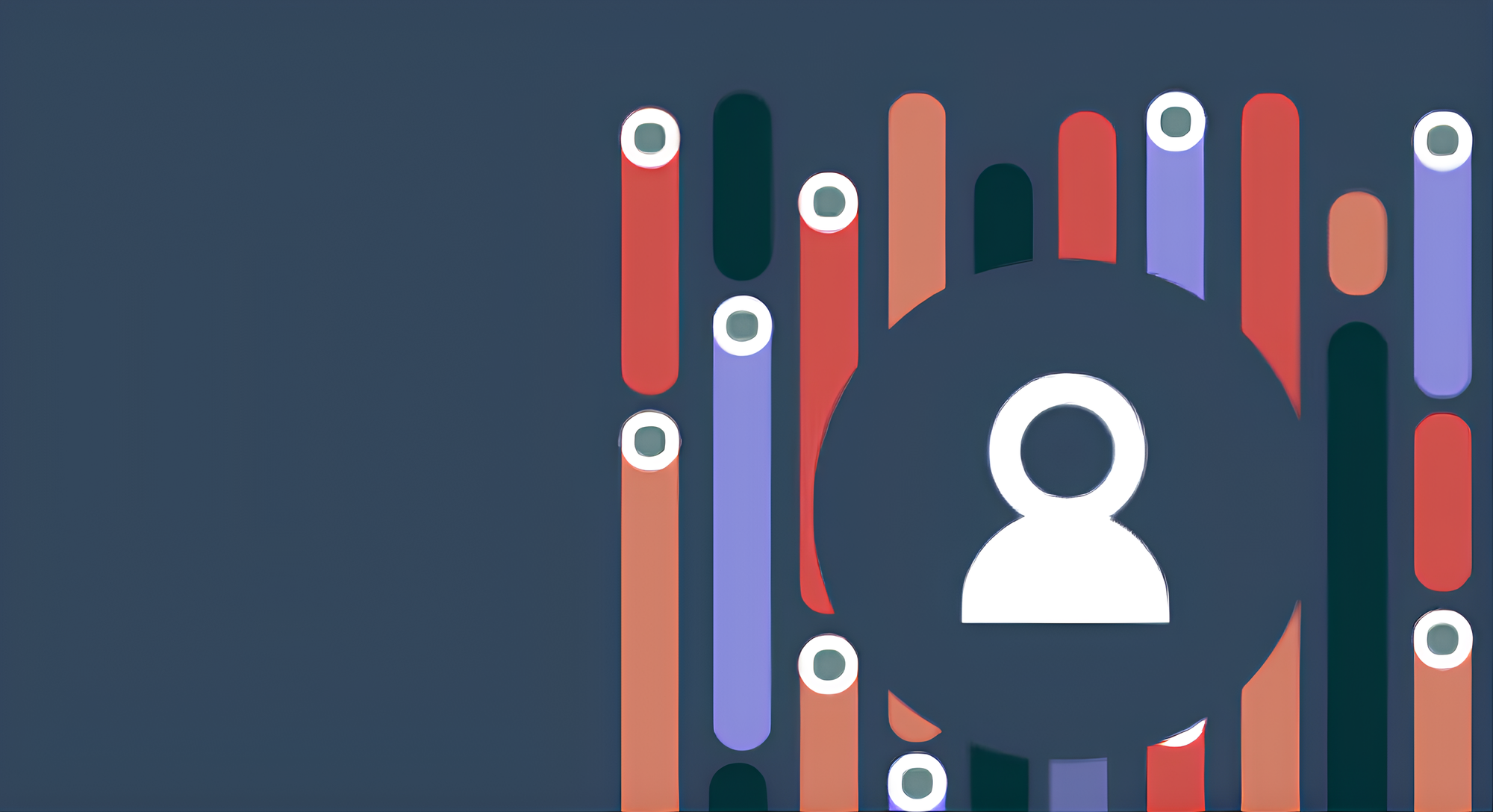 White user profile icon inside a dark circle surrounded by vertical rounded bars in red, purple, orange, and dark green on a dark blue background.