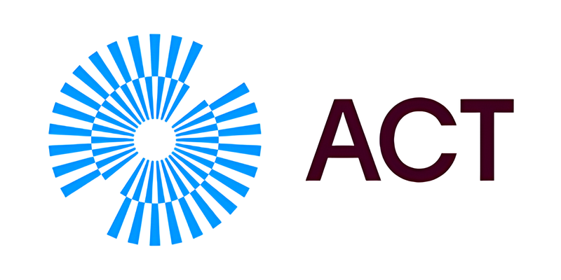 Blue spiral-shaped graphic composed of radiating rectangular bars next to the bold uppercase letters ACT in dark color on a white background.