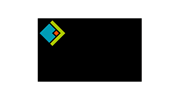 Logo featuring a blue diamond shape with a small orange square inside, bordered on the right by two parallel yellow-green lines forming a rightward arrow.