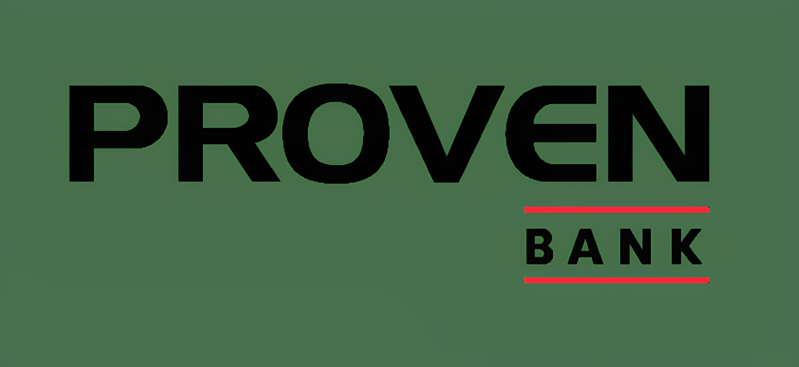 Text logo with the word 'PROVEN' in large black letters and 'BANK' in smaller black letters below it, underlined in red, on a green background.