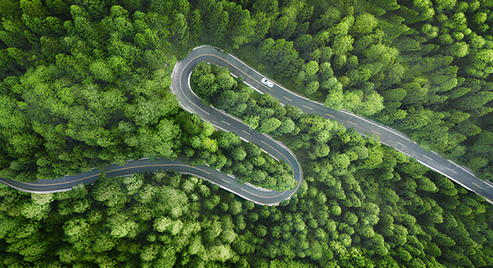 Aerial view of a winding road curving sharply through a dense green forest with one white car on the road.
