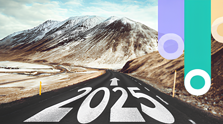 A scenic mountain road stretching forward with the year 2025 painted in large white numbers and an arrow pointing ahead, under a partly cloudy sky and with three vertical colored overlays on the right side.