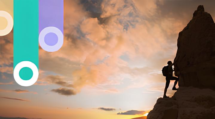Silhouette of a person with a backpack climbing a rock formation at sunset with a colorful sky featuring orange and blue clouds.