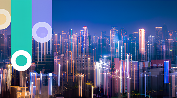 Night city skyline with tall buildings showing light trails and reflections creating a vertical motion blur effect on illuminated skyscrapers.