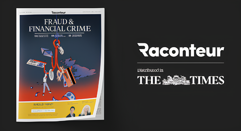 Cover of a Raconteur publication titled 'Fraud & Financial Crime' depicting a red fishing hook catching various financial items including documents, a credit card, a piggy bank, and a person, against a dark gradient background from blue to red with a small yellow section at the bottom featuring photos of two authors. The right side shows 'Raconteur Distributed in The Times' text on a black background.