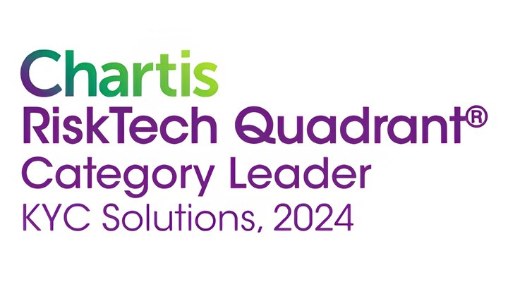 Chartis RiskTech Quadrant Category Leader KYC Solutions, 2024 in green and purple text on a white background.