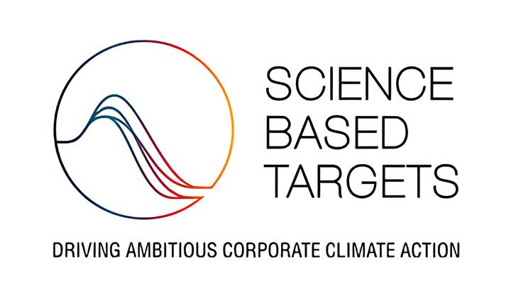 Logo of Science Based Targets with a circular design featuring a gradient curved line and the text 'Science Based Targets' and tagline 'Driving Ambitious Corporate Climate Action'.