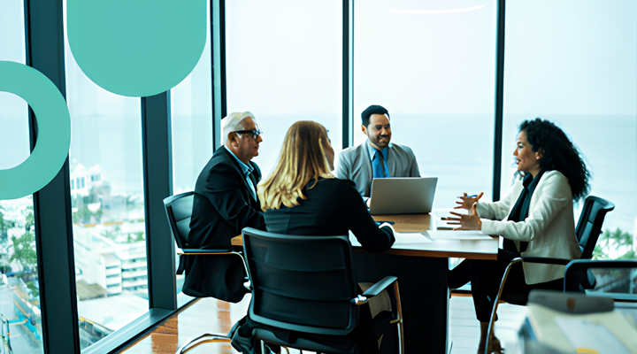 Four business professionals engaged in a discussion around a conference table in a modern office with large windows overlooking a cityscape and ocean.
