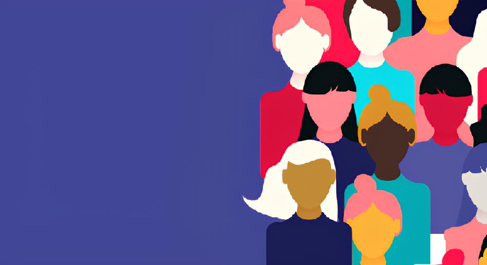 Colorful stylized illustration of diverse people shown from shoulders up in varied skin tones and hair colors on a purple background.