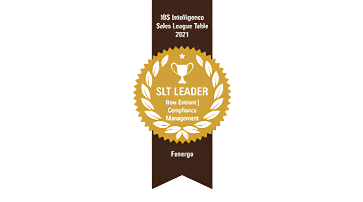 Brown ribbon with gold medal design reading 'MS Intelligence Sales League Table 2021' and 'SLT Leader New Entrant | Contingency Management' with a trophy icon at center and the word 'Fenergo' below.