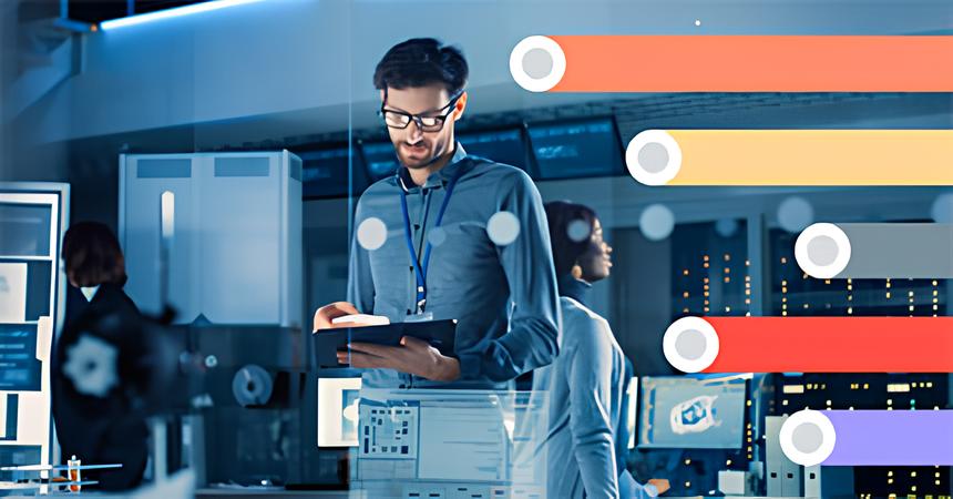 Three professionals in a modern office with digital and graphical interfaces overlay, focusing on tasks with computer screens and data visuals in the background.