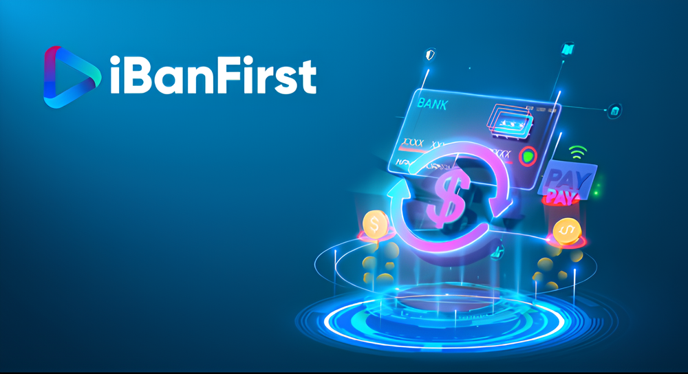 Digital illustration with iBanFirst logo on the left and glowing futuristic banking elements on the right, including a stylized credit card, dollar sign with circular arrows symbolizing transactions, coins, and a PAY icon, all set against a blue gradient background.