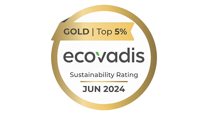 EcoVadis gold sustainability rating badge indicating top 5% ranking for June 2024, featuring a gold circular border and text.