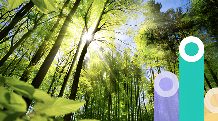 Sunlight streaming through tall green trees in a dense forest with fresh leaves and a clear blue sky.