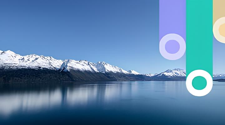 Calm lake reflecting snow-capped mountains under a clear blue sky with three vertical translucent colored bars with circles on the right side.