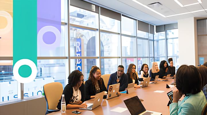 A group of diverse professionals sitting at a long conference table with laptops in a modern office with large windows.