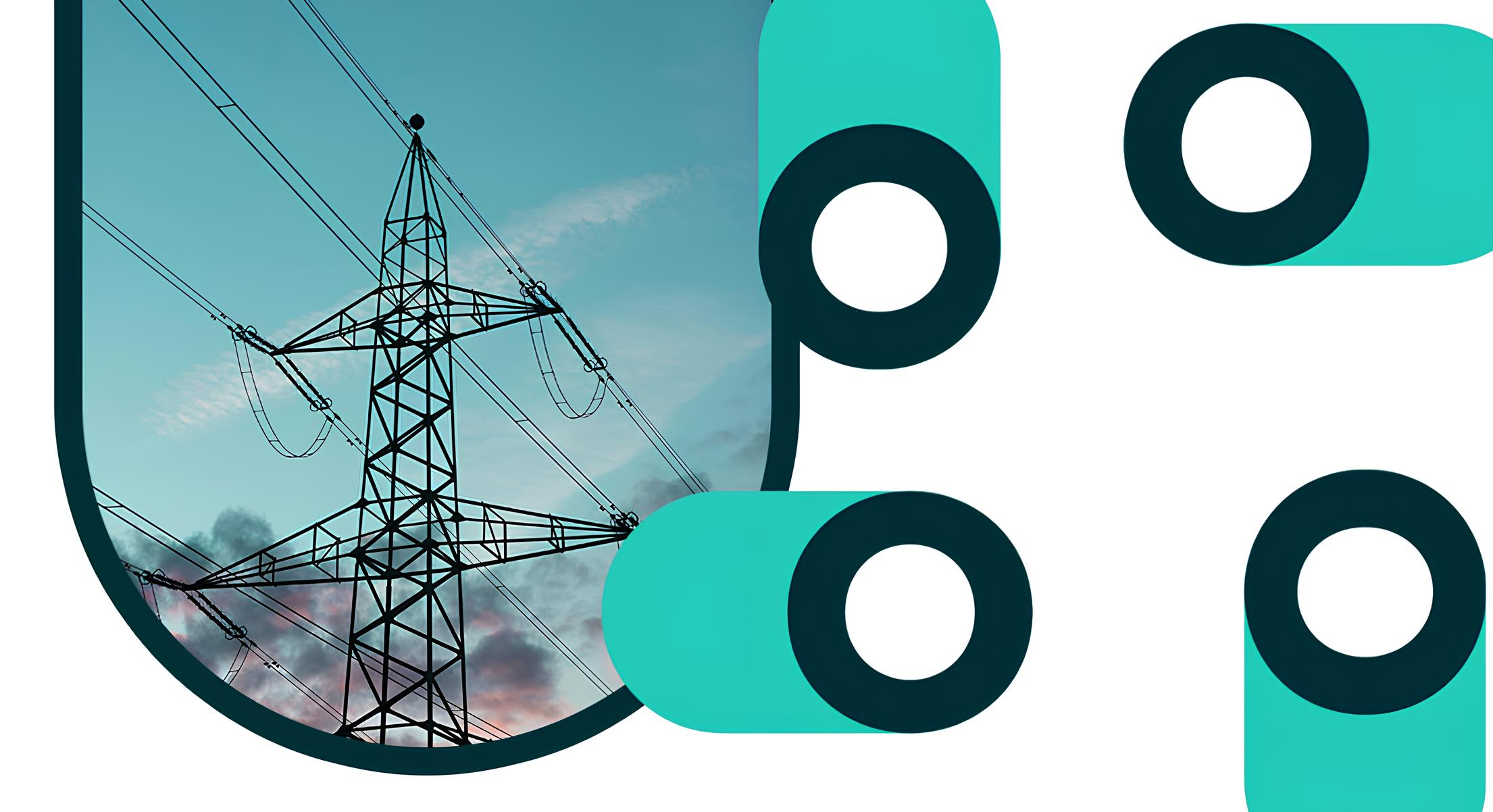Electricity pylon with power lines set against a blue sky with clouds, inside a rounded rectangular frame combined with turquoise and black circular graphic shapes.