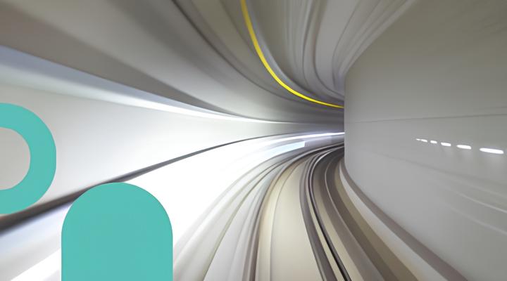 View inside a curved, modern tunnel with smooth walls, light reflections, and rails on the ground, suggesting a high-speed train or transit system.