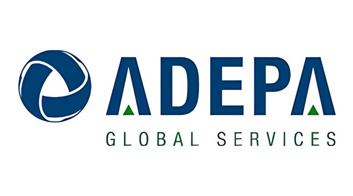 ADEPA Global Services logo with a blue circular abstract symbol on the left and text in blue and black with green triangular accents inside the letters A.