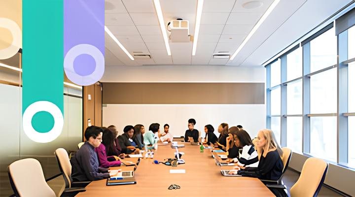 A diverse group of people seated around a long conference table in a modern, brightly lit meeting room with large windows, engaged in discussion.