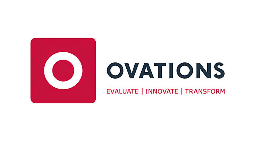 Ovations brand logo featuring a red square with a white circular design and the words 'OVATIONS' in black, with the tagline 'EVALUATE | INNOVATE | TRANSFORM' in red below.
