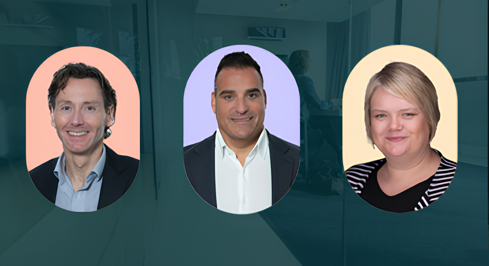 Portraits of three professionals against colored backgrounds: a smiling man with short brown hair in a suit on a peach background, a man with dark hair in a suit on a lavender background, and a woman with short blonde hair wearing a striped top on a cream background.