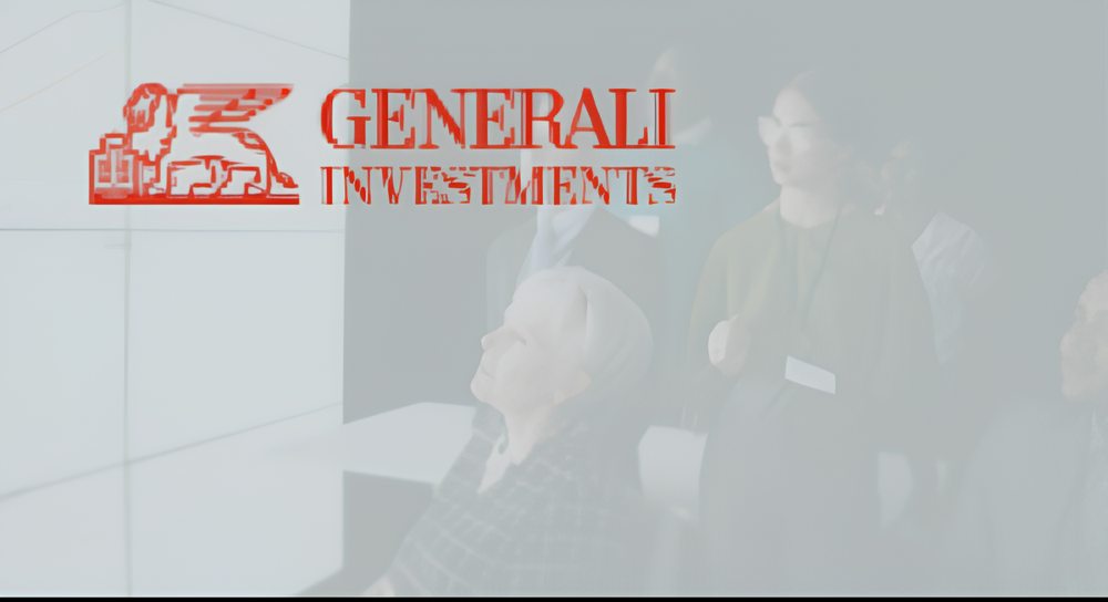Red Generali Investments logo featuring a winged lion with a book, displayed over a blurred background of people in a meeting room.