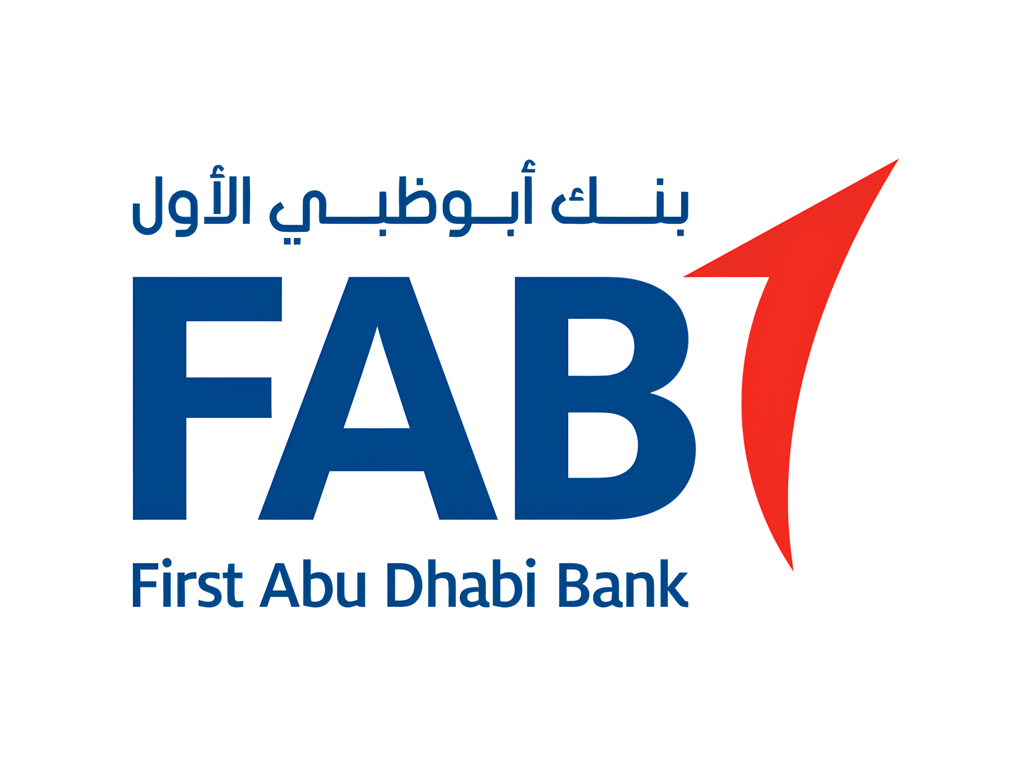 Logo of First Abu Dhabi Bank featuring the acronym FAB in blue with a red upward arrow integrated into the letter B, the bank's name in English below, and Arabic text above.